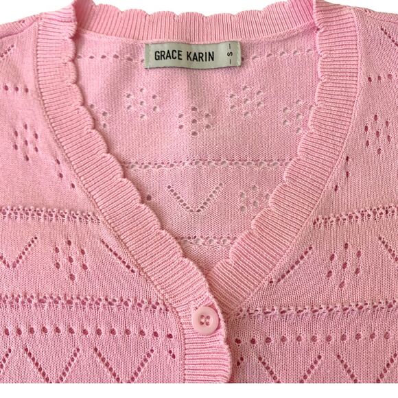 Grace Karin Pink Eyelets Knit Short Sleeve Lightweight Cardigan - Picture 4 of 6